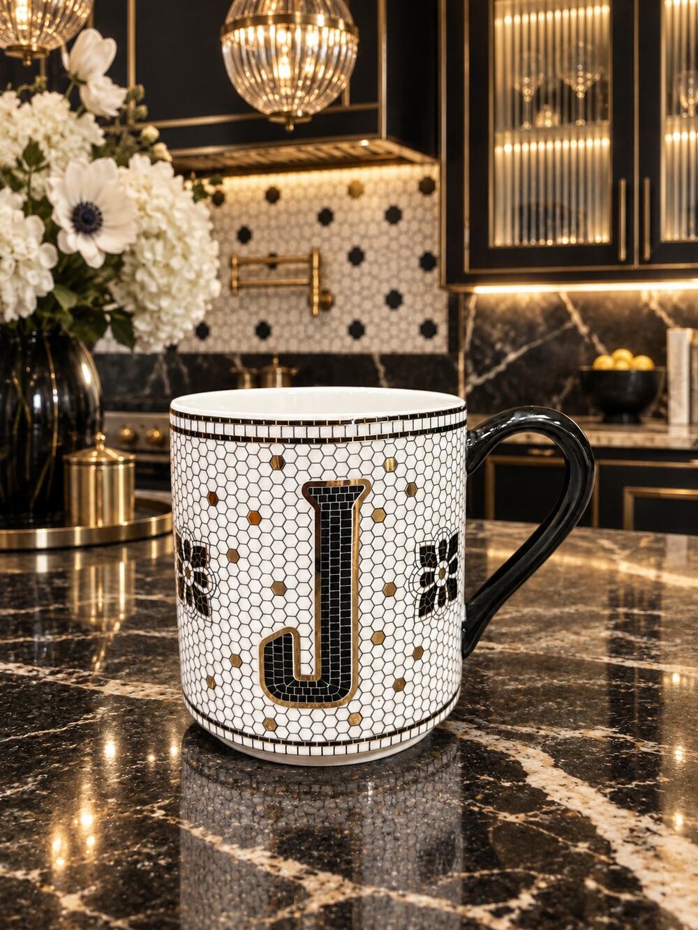 Anthropologie Monogram J Mug Black Gold Mosaic Tile Floral Coffee Cup